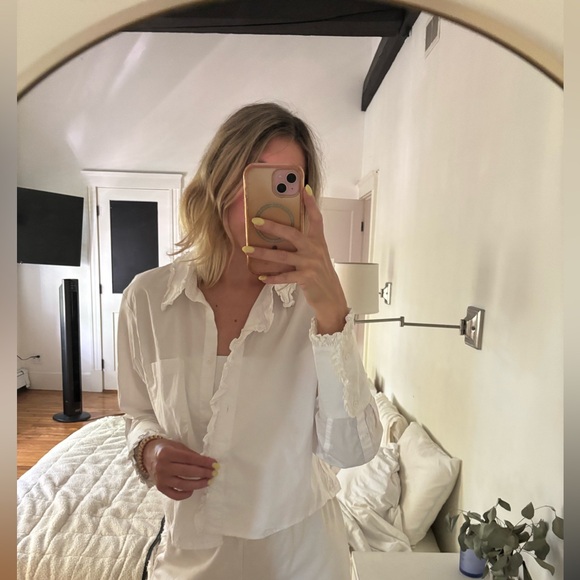 J. Crew Regenerative Cotton Cropped Ruffle Oxford Button Down Blouse Large - Picture 2 of 13